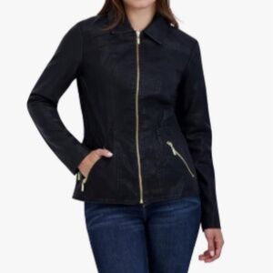 Baccini Black Gorpcore Grunge Full Zip Peplum Faux Leather Moto Jacket Size L